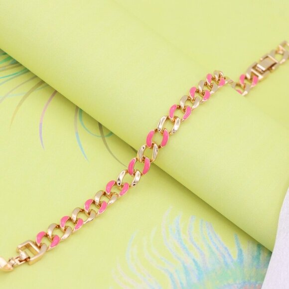 "Rose Gold Pink Enamel Chain Link Bracelet, Bold and Trendy Design, XPBL0757 - Picture 2 of 12